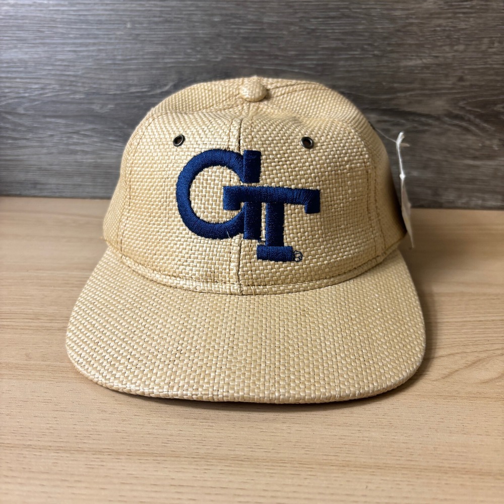 Vintage Georgia Tech Yellow Jackets Hat Cap Strap Back Brown Straw Hat NWT